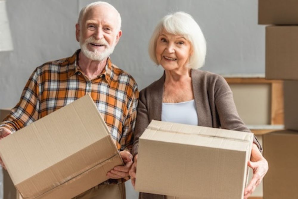 Panoramic Shot of Senior Couple Holding Cardboard Box and Looking at Camera in New House, Moving Concept