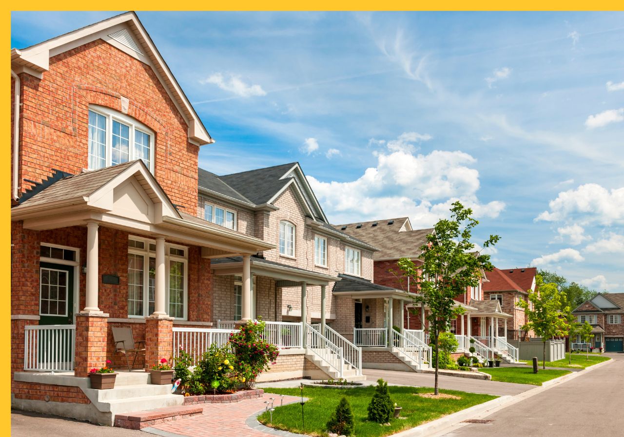 Beautiful row of modern brick suburban homes with front porches, well-maintained landscaping, and a clear blue sky