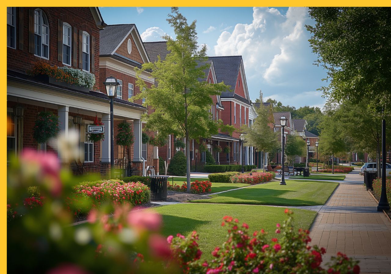 Charming suburban neighborhood with brick homes, manicured lawns, colorful flower beds, and tree-lined sidewalks on a sunny day