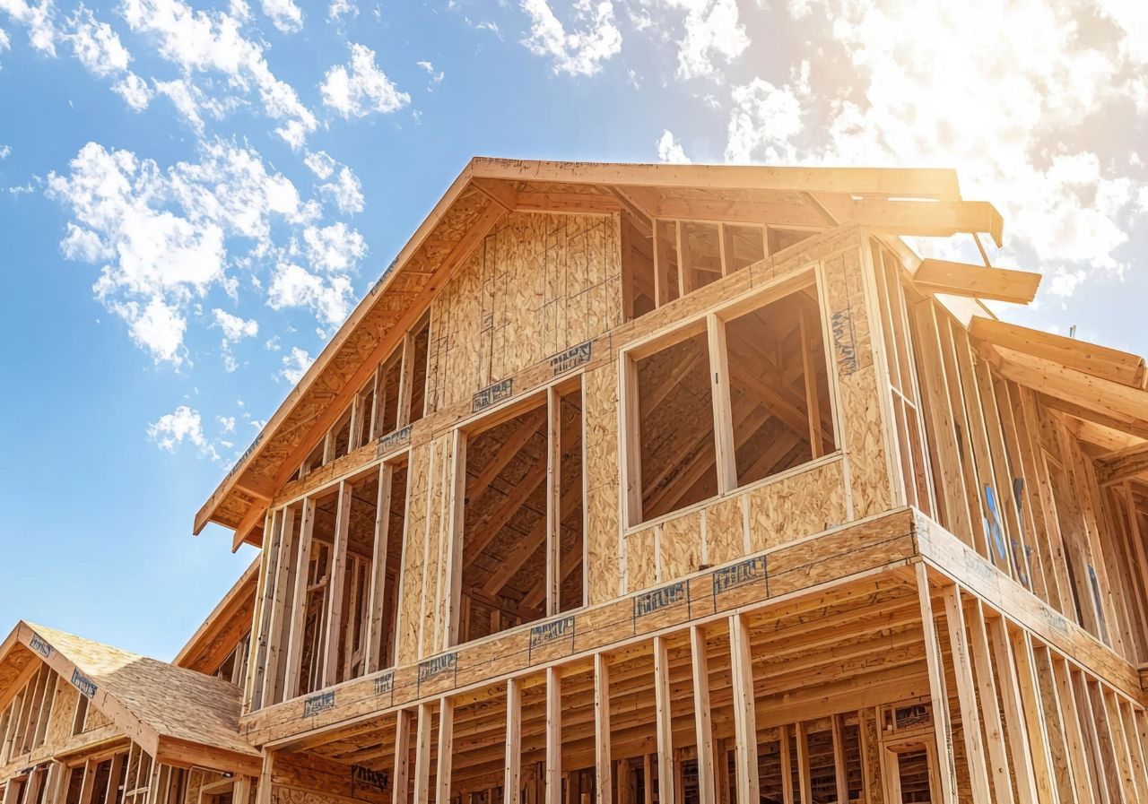 Framed structure of a new home under construction against a bright blue sky with scattered clouds and sunlight