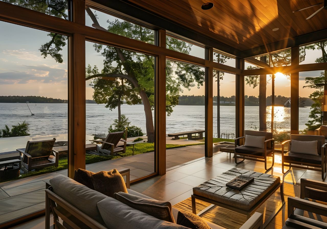 Cozy lakefront living room with floor-to-ceiling glass windows showcasing a sunset view over calm water and lush greenery