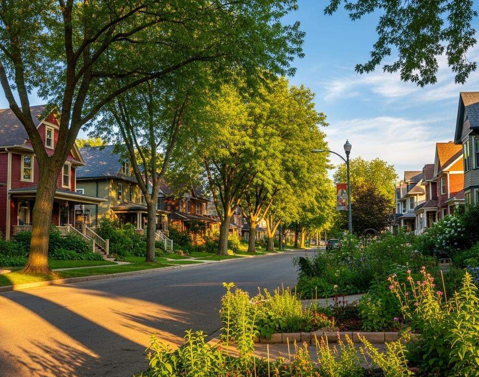 Tree-lined residential street with single-family homes in an Illinois neighborhood