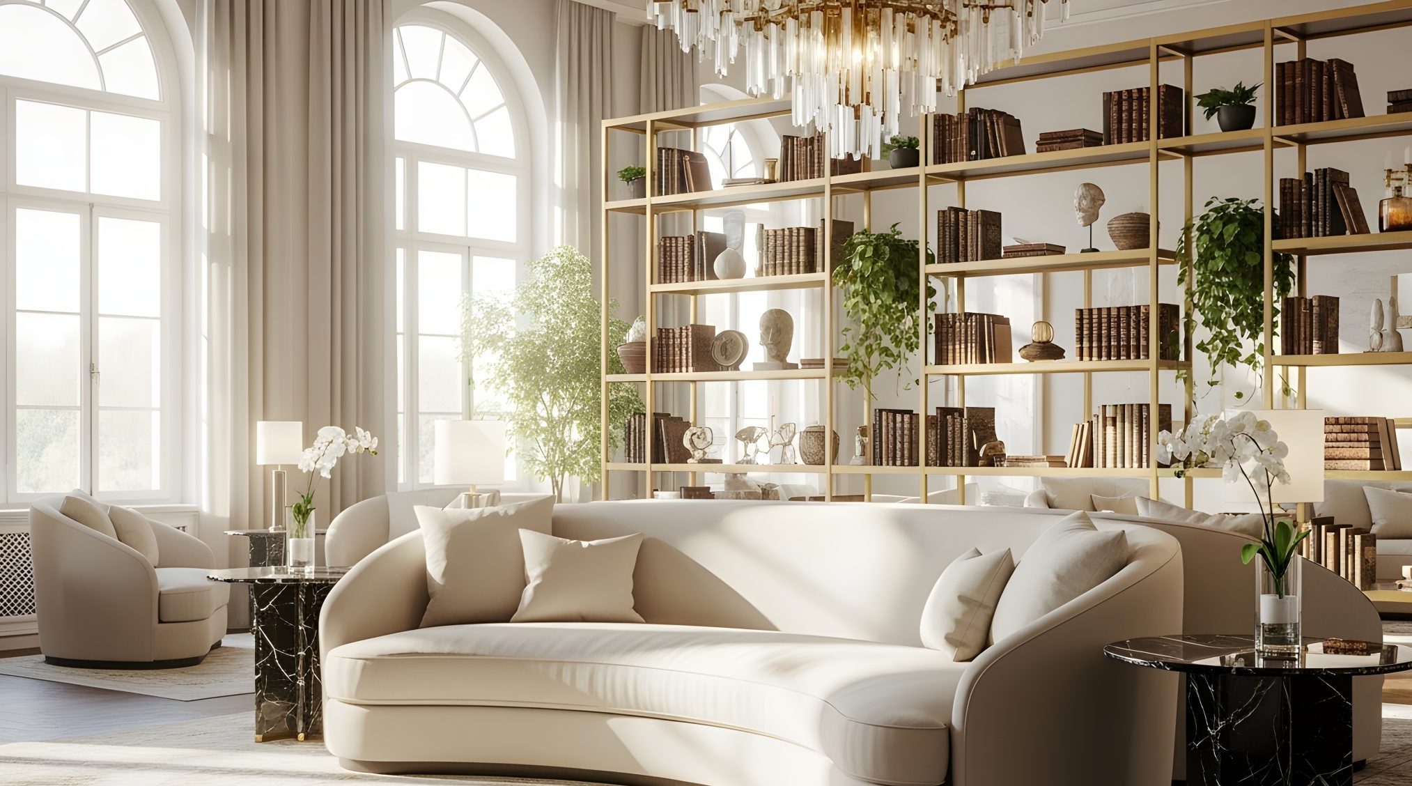 Luxury living room with arched windows, chandelier lighting, built-in shelving, and designer furnishings