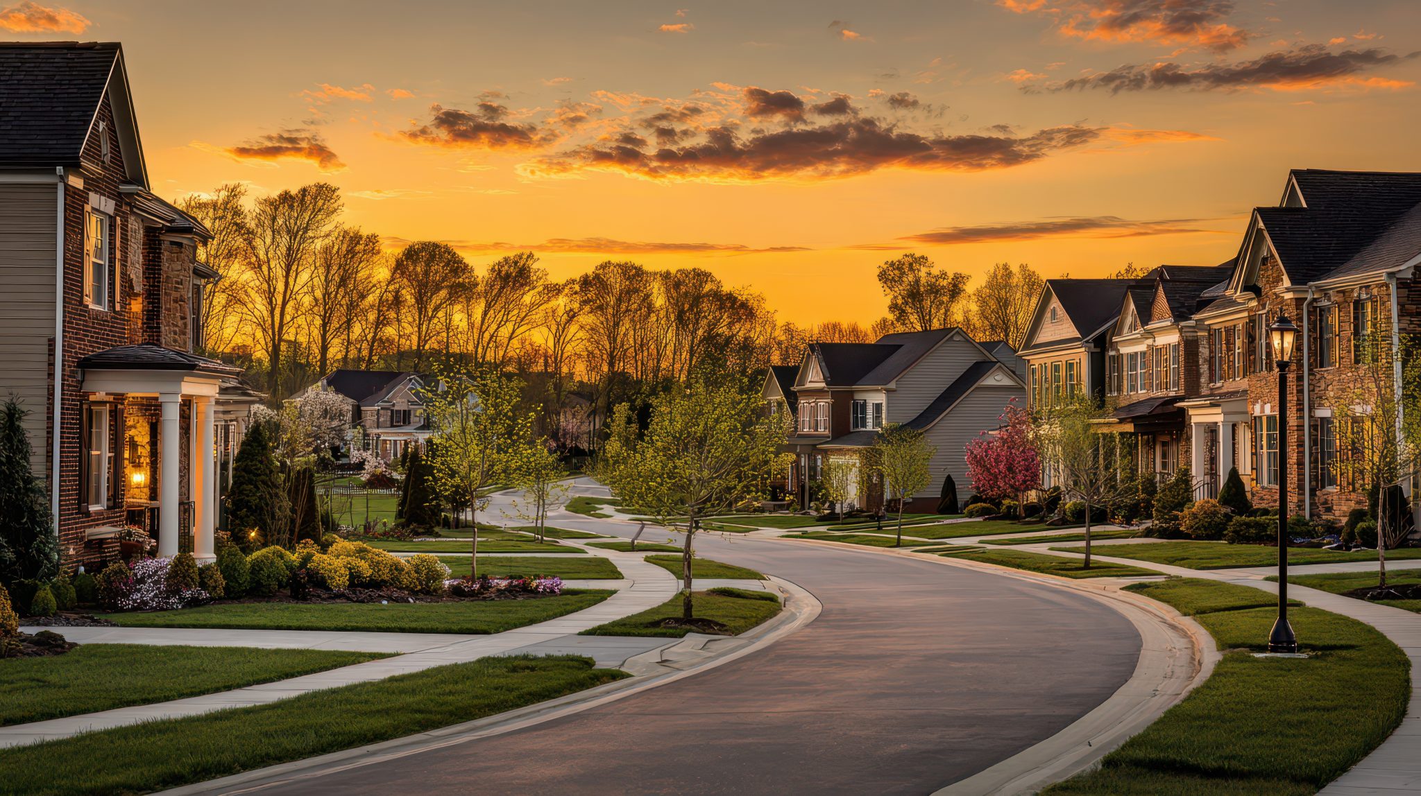 Suburban neighborhood in Indiana with single-family homes along a curved street at sunset