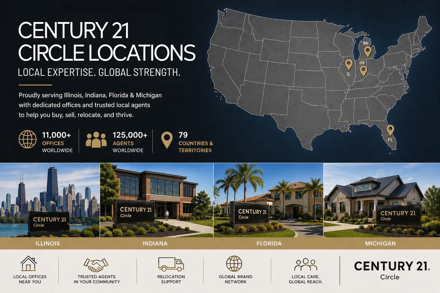 CENTURY 21 Circle Locations graphic showing office presence across Illinois, Indiana, Florida, and Michigan with U.S. map, local offices, relocation support, and global brand network.